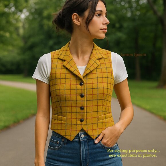 Vintage 90s GAP Mustard Plaid Wool Vest Unisex Medium Holiday Waistcoat - Picture 2 of 16